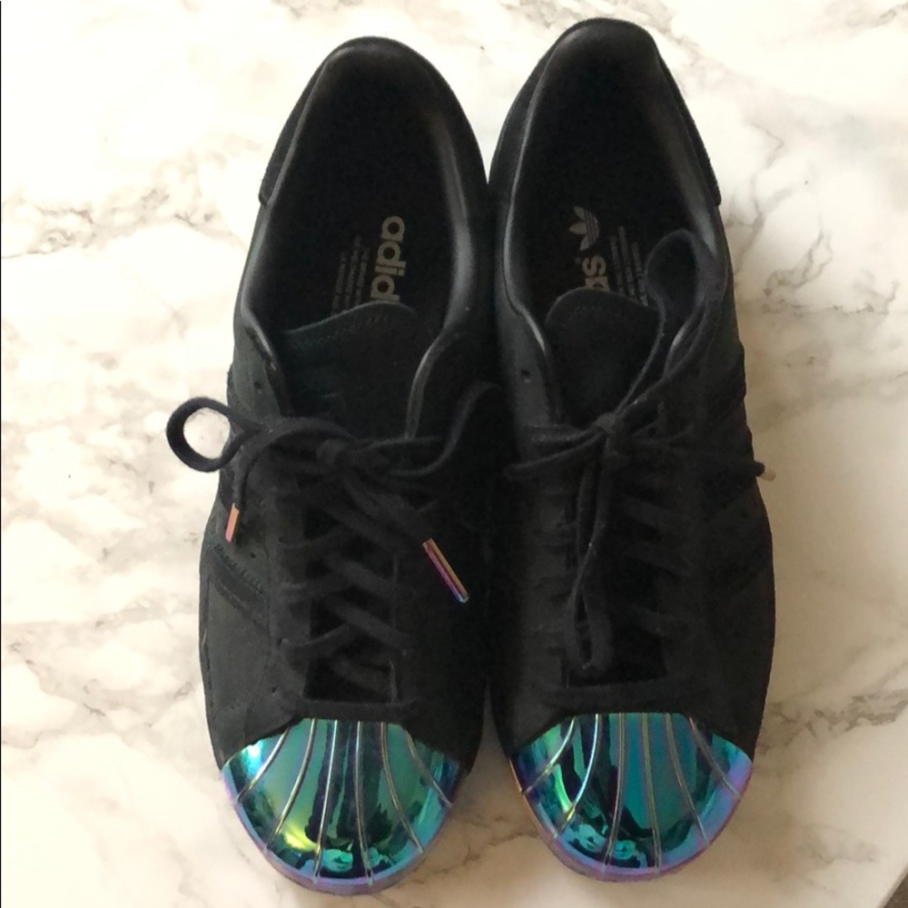 Adidas suede black “oil slick” metallic toe box